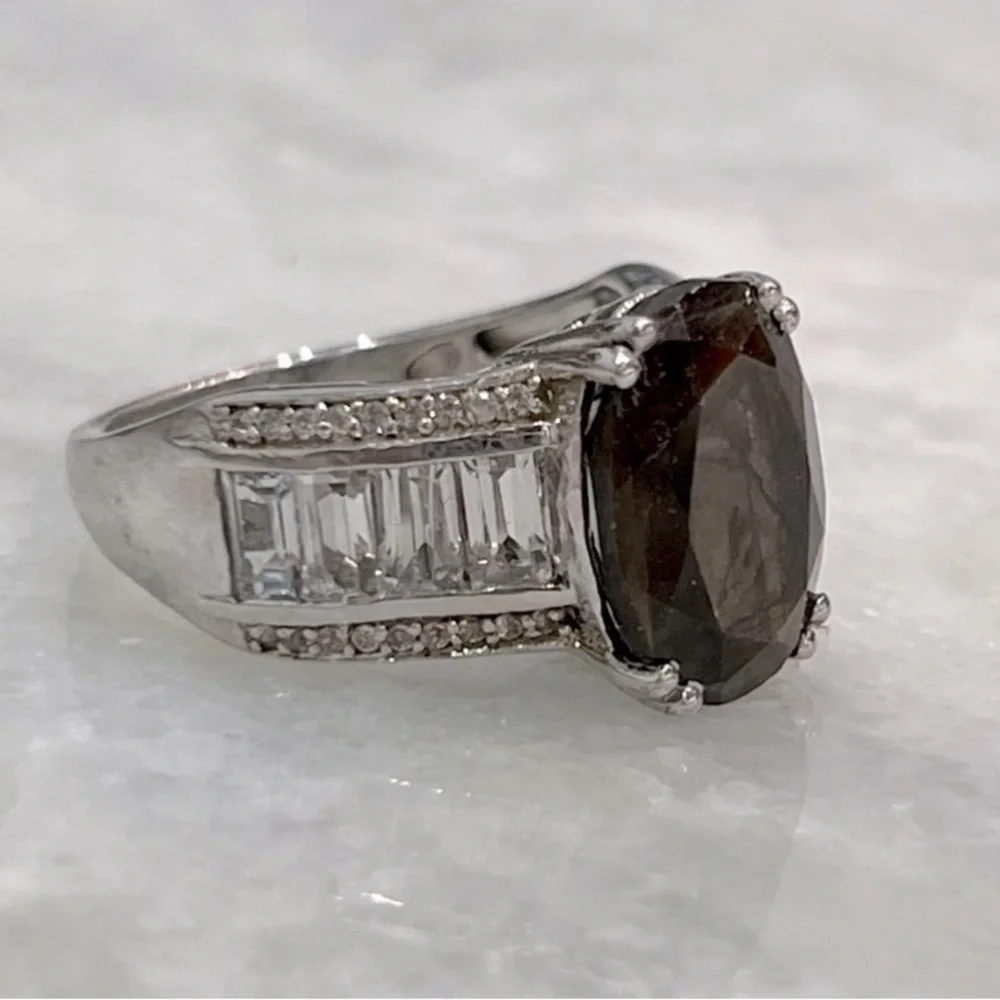 Chocolate Sapphire White Topaz Sterling Silver Ring Sz 8